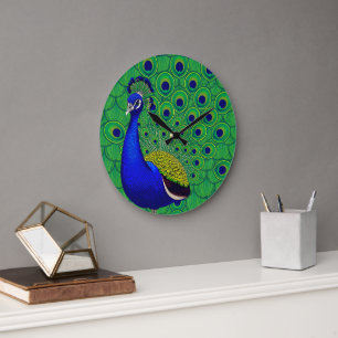 Blaugrün-gelbes Pfauenpapier Große Wanduhr