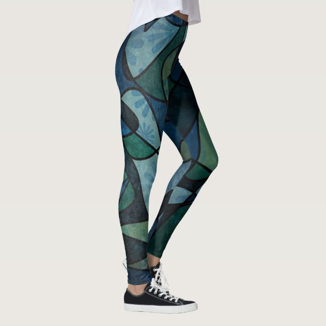Blaugrün, gestanztes Glas, einzigartig Abstrakt Leggings (Rechts)