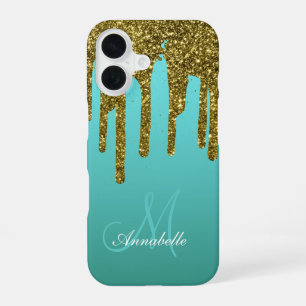 Blaugrün - Gold Glitter Tropfen Personalisiert iPhone 16 Hülle