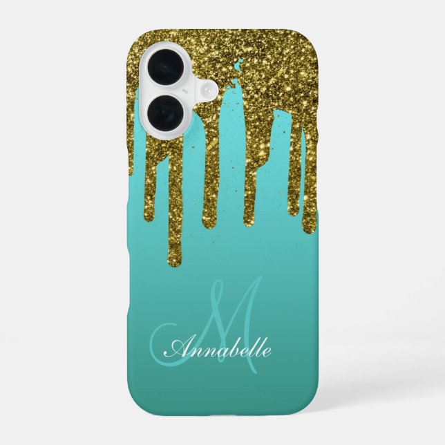 Blaugrün - Gold Glitter Tropfen Personalisiert iPhone 16 Hülle (Rückseite)