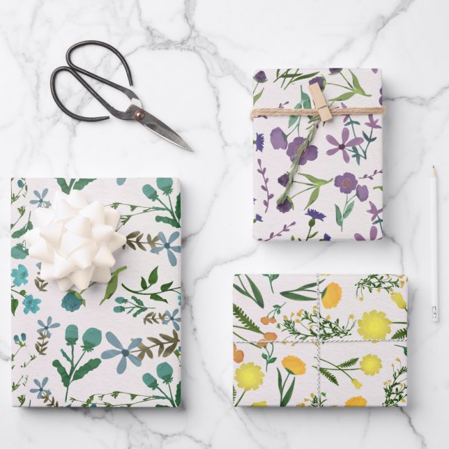 Blaugrün Lila orange Gelbe Blütenfarbe Geschenkpapier Set (Vorderseite)