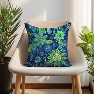 Blaugrün-Limettengrün-Bohemian-Blumenmuster Kissen