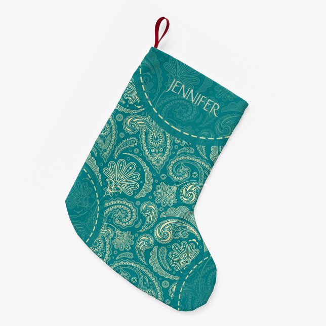 Blaugrün-Paisley-Muster Kleiner Weihnachtsstrumpf (Vorderansicht (hängend))