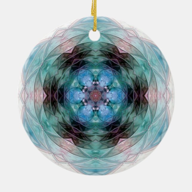Blaugrün rosa Blumensternmuster Keramik Ornament (Hinten)