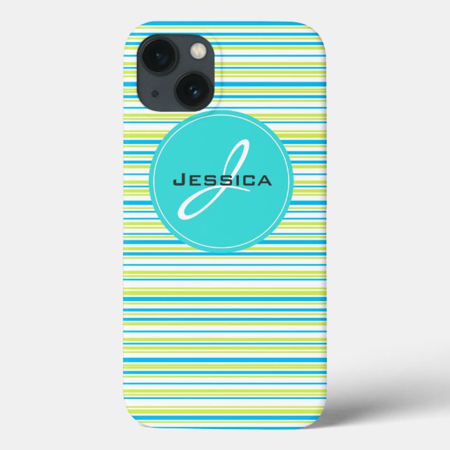 Blaugrün, schlicht, elegant Streifen Monogram Name Case-Mate iPhone Hülle (Rückseite)