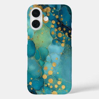 Blaugrün, Türkis & Gold Marmor iPhone 16 Hülle