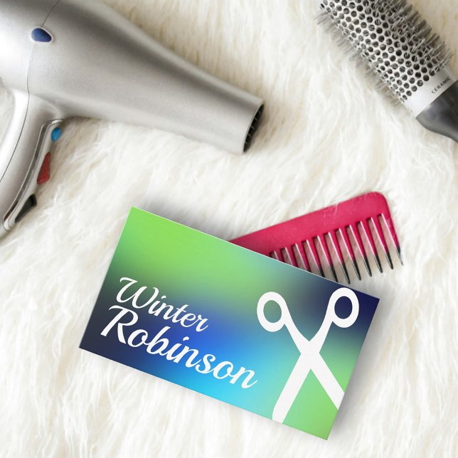 Blaugrün-türkisfarbene Friseurin Visitenkarte (Hologram gradient design for hairstylist salon business card )