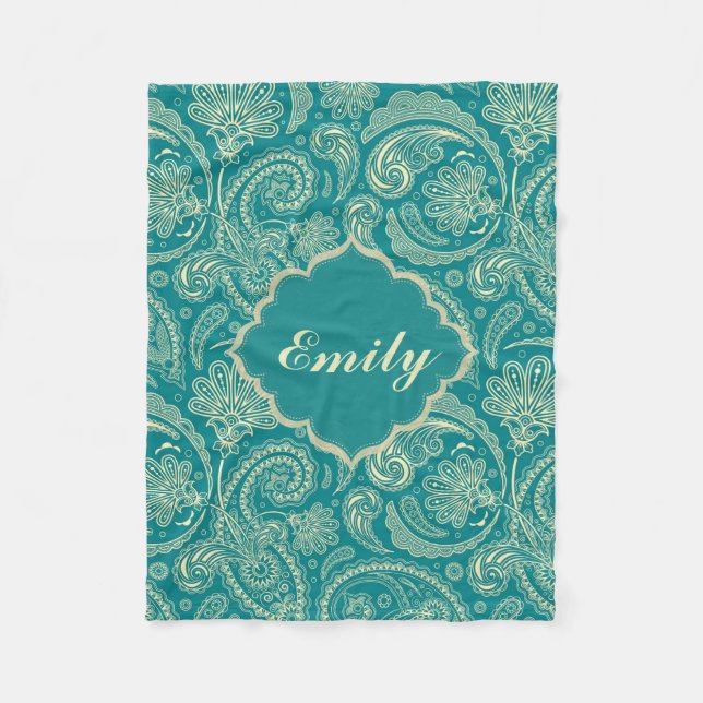 Blaugrün und Beige Creme Vintag Paisley Monogram Fleecedecke (Vorderseite)