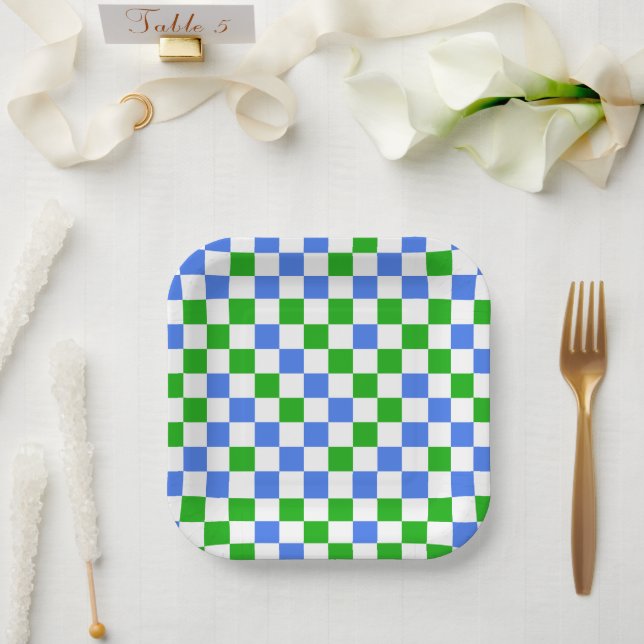 Blaugrün-weiß kariertes Muster  Pappteller (Hochzeit)