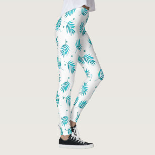 Blaugrün-weiße tropische Blätter aus Palmen Leggings