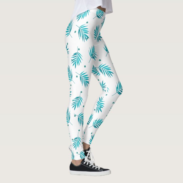 Blaugrün-weiße tropische Blätter aus Palmen Leggings (Rechts)