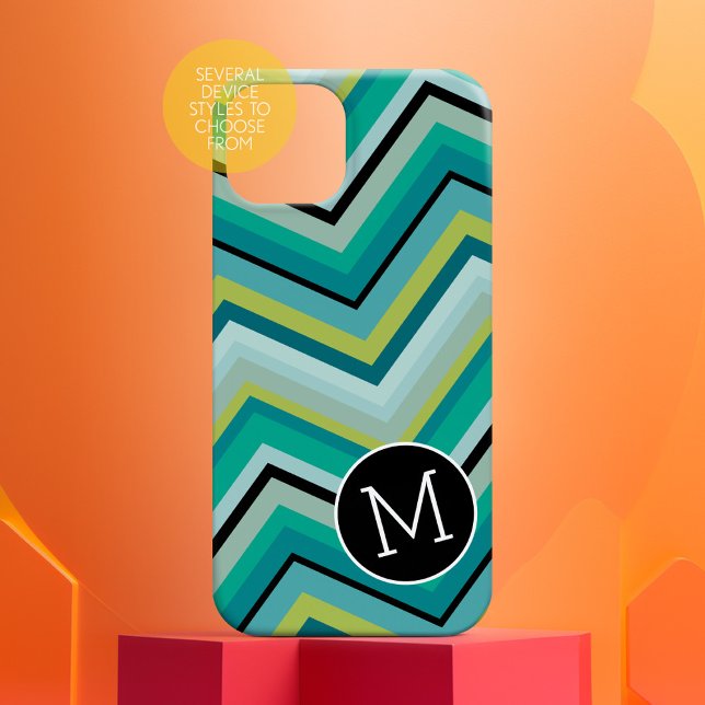 Blaugrün Zickzack Muster Einfache Monogramm iPhone 16 Plus Hülle (Monogram phone case)