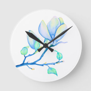 Blaugrüne Aquarell-Magnolien-Zweig Botanik Runde Wanduhr