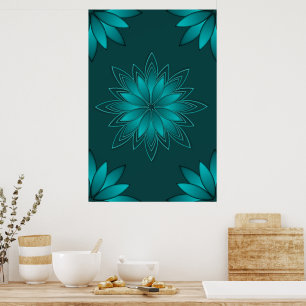 Blaugrüne Blättchen-Mandala-Design auf Dunkelzyan Poster