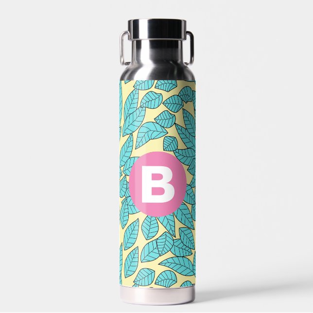 Blaugrüne Blätter Botanisches Muster Helles Rosa M Trinkflasche (Vorne)