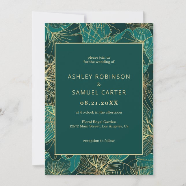 Blaugrüne Blätter mit Goldene Hochzeit Einladung (Vorderseite)