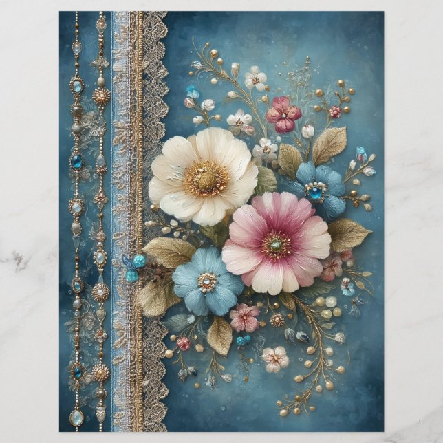 Blaugrüne Blumen Junk Journal Scrapbook Papier (Vorderseite)