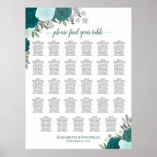 Blaugrüne Boho-Blumen-Hochzeitstischplan für 29 Ti Poster