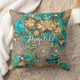 Blaugrüne falsche Gold Glitter Abstract Blumen ind Kissen