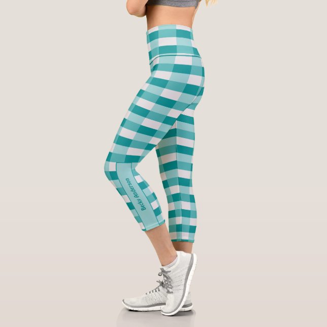 Blaugrüne Farbfelder mit Hellgrau Capri Leggings (Links)