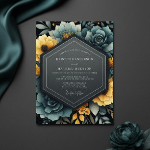 Blaugrüne gelbe Blumenhochzeit Einladung