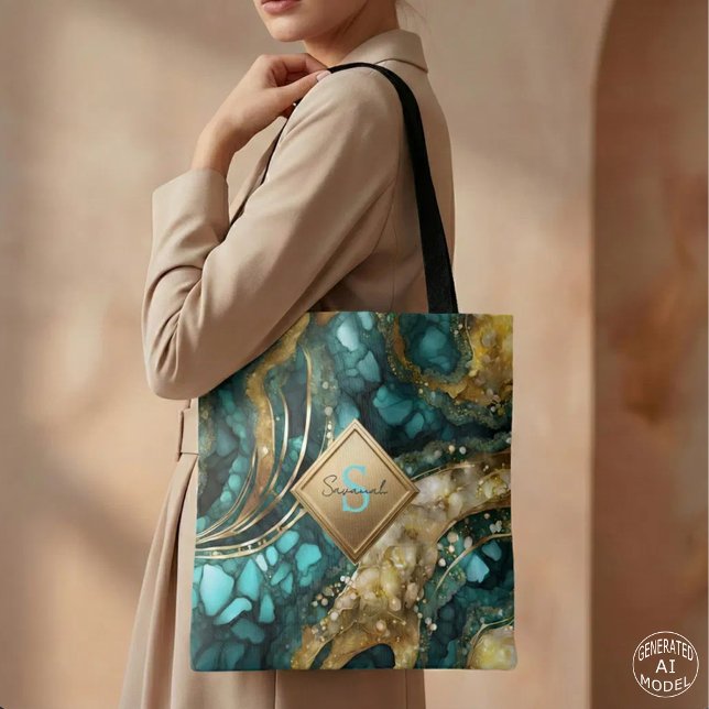 Blaugrüne Gold Achat Geode Murmel Monogramm Name Tasche (Von Creator hochgeladen)
