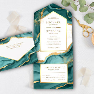 Blaugrüne Goldfolie Abstrakte Fluid-Tinte Hochzeit All In One Einladung