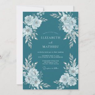 Blaugrüne Hochzeit mit Blumenmuster Einladung