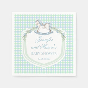 Blaugrüne Holzpferd-Gingham-Baby-Jungen-Party Serviette