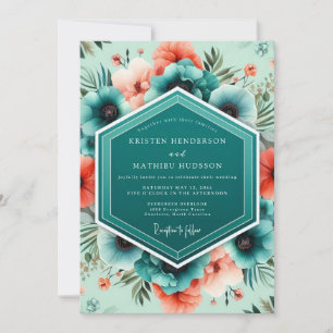 Blaugrüne Korallen Lebendige Botanische Hochzeit Einladung