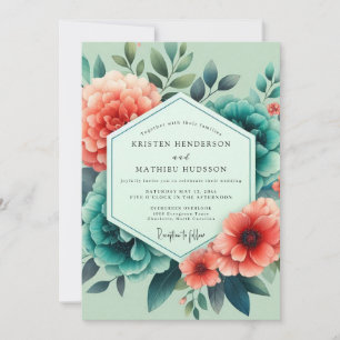 Blaugrüne Lachs-Aquarell-Hochzeit Einladung