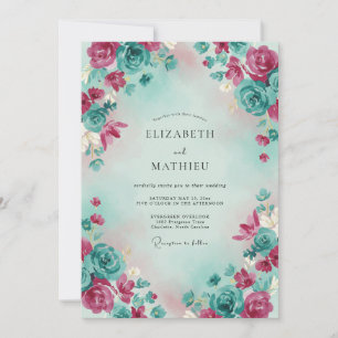 Blaugrüne Magenta Ätherische Aquarell-Hochzeit Einladung