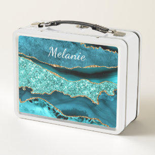 Blaugrüne Metall-Lunchbox mit Namen personalisiert Metall Brotdose
