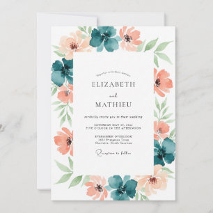 Blaugrüne Pfirsich Romantische Florale Hochzeit Einladung