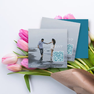 Blaugrüne QR-Code-Foto-Hochzeit Begleitkarte