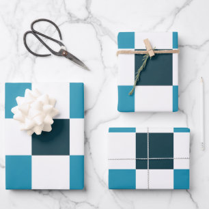 Blaugrüne Schachbrettmuster Geschenkpapier Set