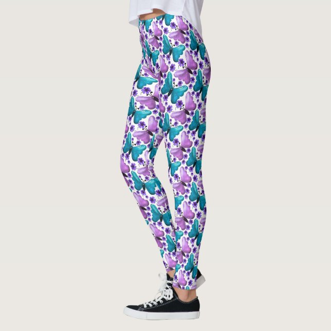 Blaugrüne Schmetterlingsblumenmuster  Leggings (Links)