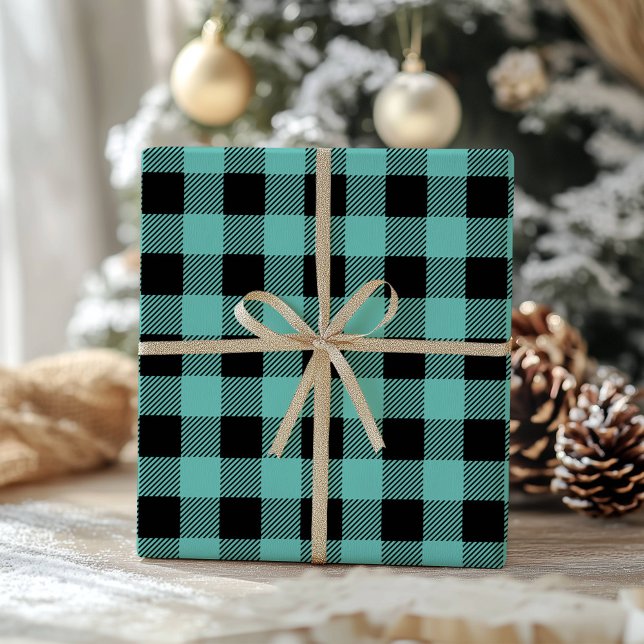 Blaugrüne schwarze Buffalo-Karo Gingham-Holzfäller Geschenkpapier (Von Creator hochgeladen)