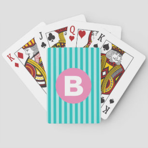 Blaugrüne senkrecht gestreifte rosa Kreis-Monogram Spielkarten