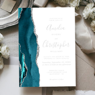 Blaugrüne Silber-Achat-Moderne-Schrift-Hochzeit Folieneinladung