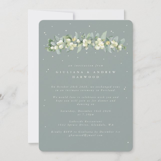 Blaugrüne Snowberry+Eukalyptus Hochzeitsempfang Einladung (Vorderseite)