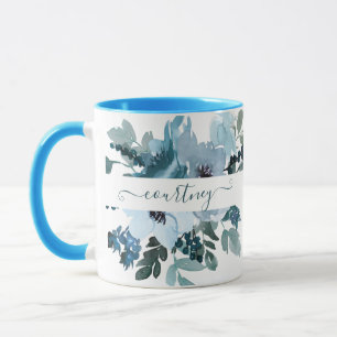 Blaugrüne und blaue Aquarell-Blumen personalisiert Tasse