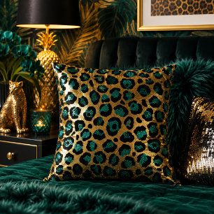 Blaugrüne und goldene Leopardenprint-Muster Kissen