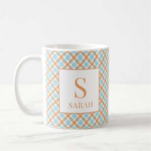 Blaugrüne und Orange karierte Monogramm-Name Kaffeetasse