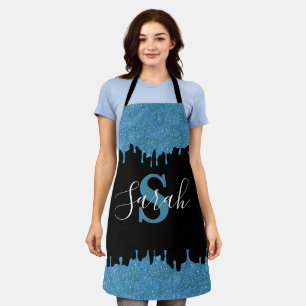 Blaugrüne und schwarze Monogramm-Glitter-Tropfen-S Schürze