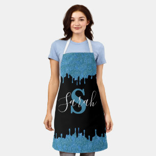 Blaugrüne und schwarze Monogramm-Glitter-Tropfen Schürze