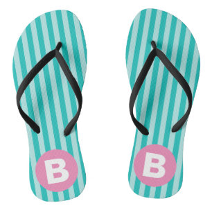 Blaugrüne Vertikal gestreifte rosa Kreis-Monogramm Flip Flops