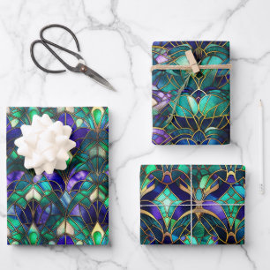 Blaugrüne, violette und goldene Pfauenglasmalerei Geschenkpapier Set