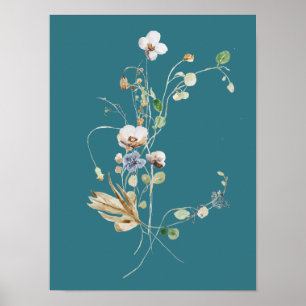 Blaugrüne Wildblumenfeld-Blumen-Wasserfarbe Poster
