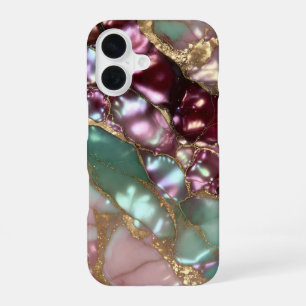 Blaugrüner Burgunderrot-Marmor-Handyhülle Gold Lux iPhone 16 Hülle